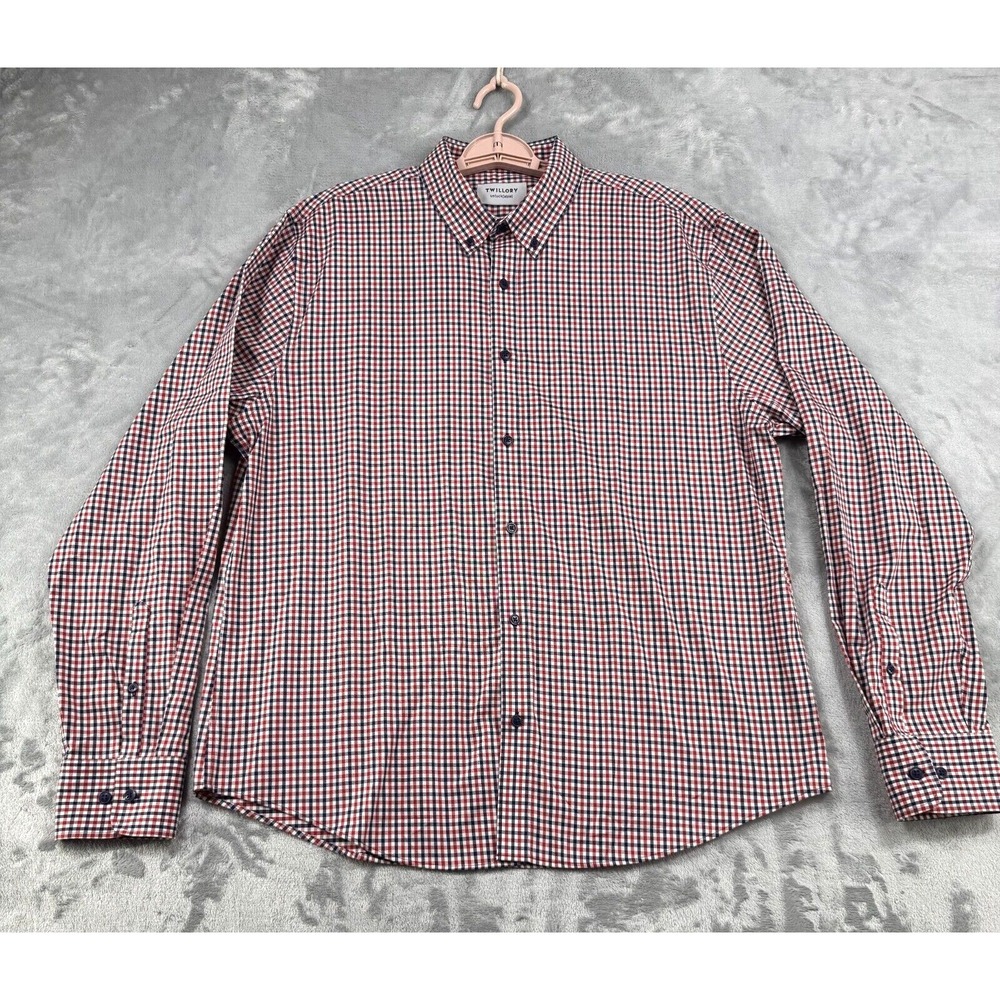 Twillory Shirt Mens XL Red Blue Gingham Untuckable‎ Long Sleeve Tailored Fit